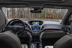 Car interior with dashboard and steering wheel, showing a forest outside.