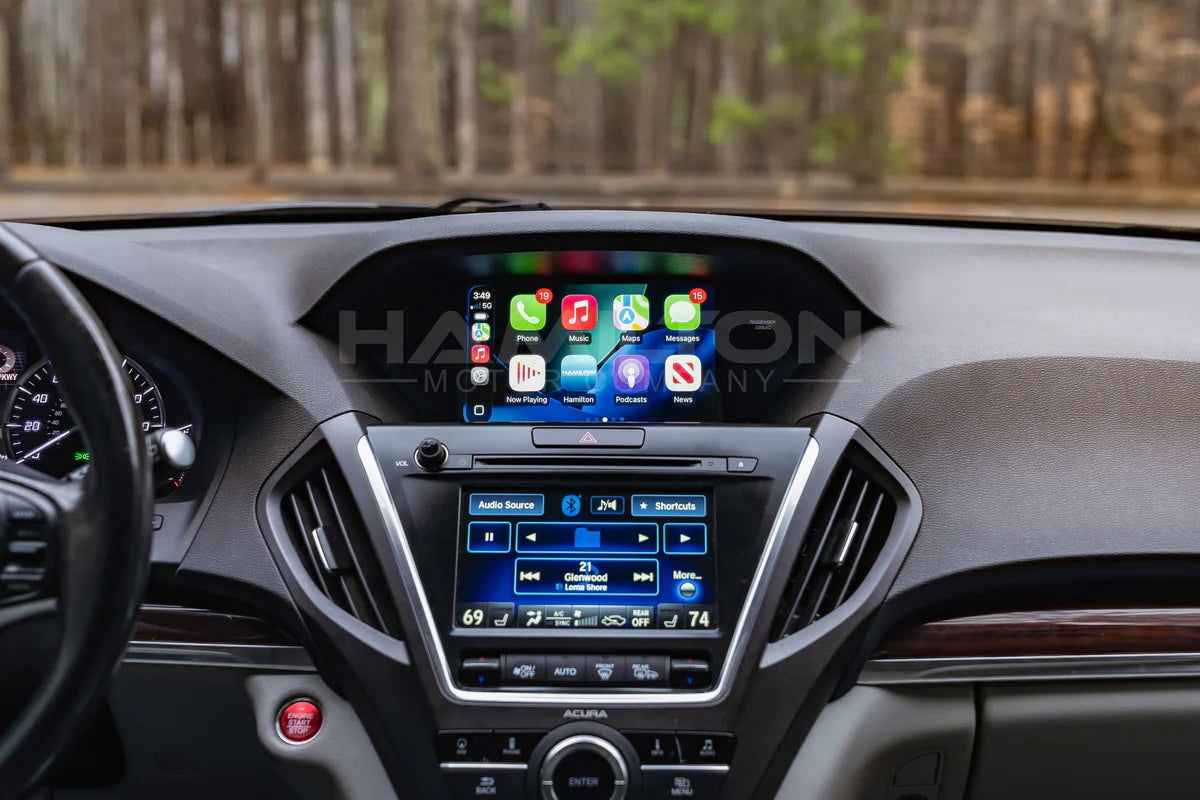 Car dashboard with infotainment system displaying app icons
