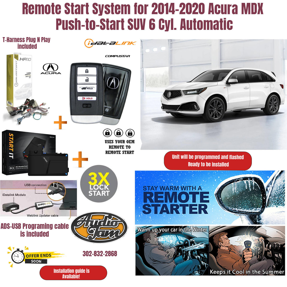 Remote Start System for 2014-2020 Acura MDX Push-to-Start SUV 6 Cyl. Automatic with ADS-USB CABLE