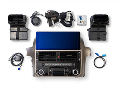 Car stereo system with various components on a white background