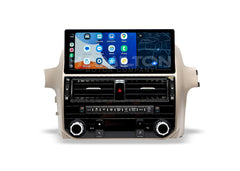 Car multimedia system with touchscreen display on a white background