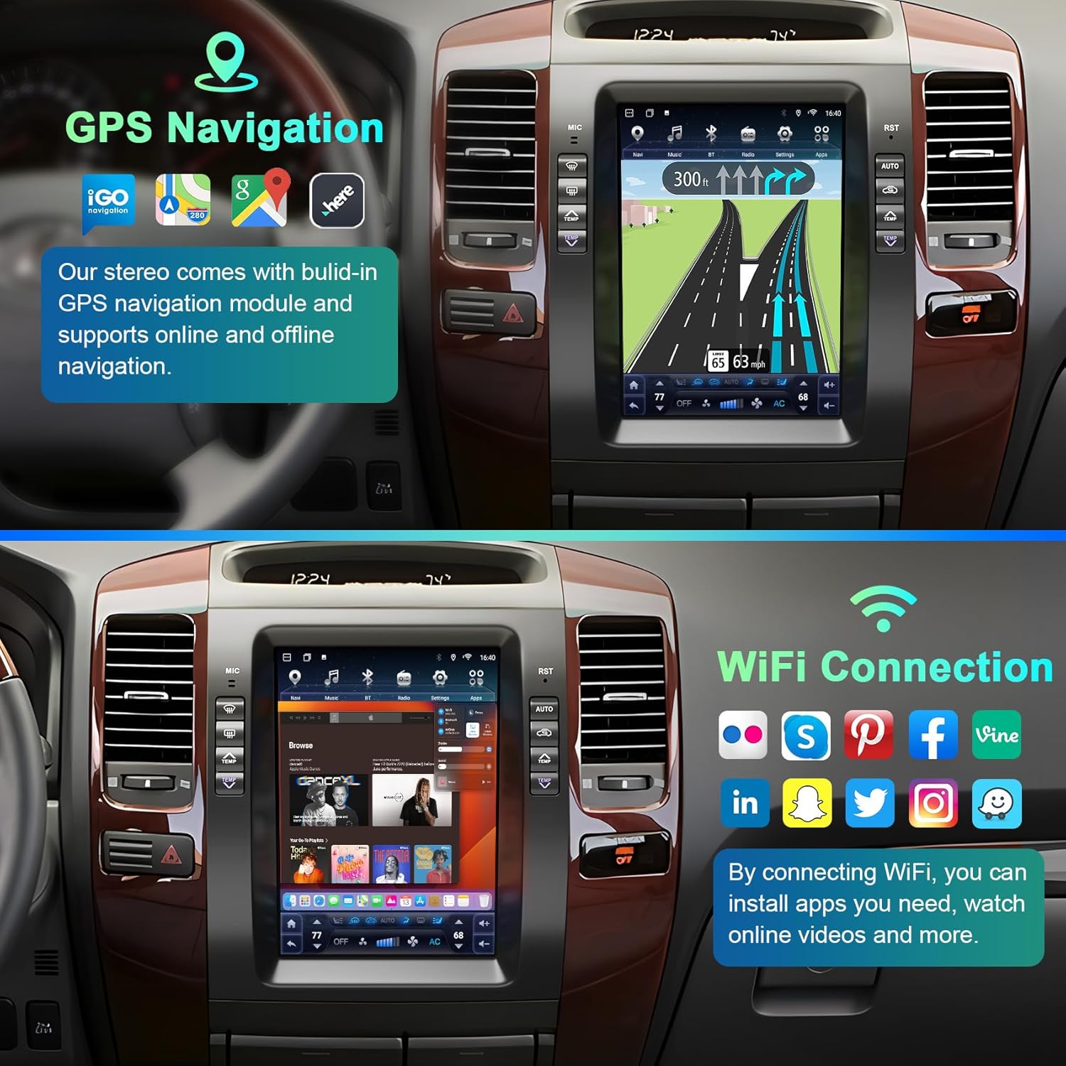 Car stereo system with GPS navigation and WiFi connection features.
