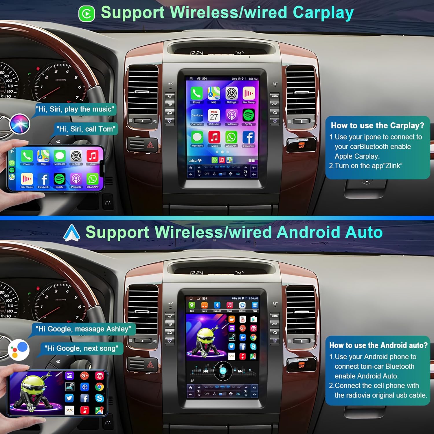 Car dashboard with a multimedia system displaying wireless/wired Carplay and Android Auto functionality.
