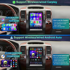 Car dashboard with a multimedia system displaying wireless/wired Carplay and Android Auto functionality.