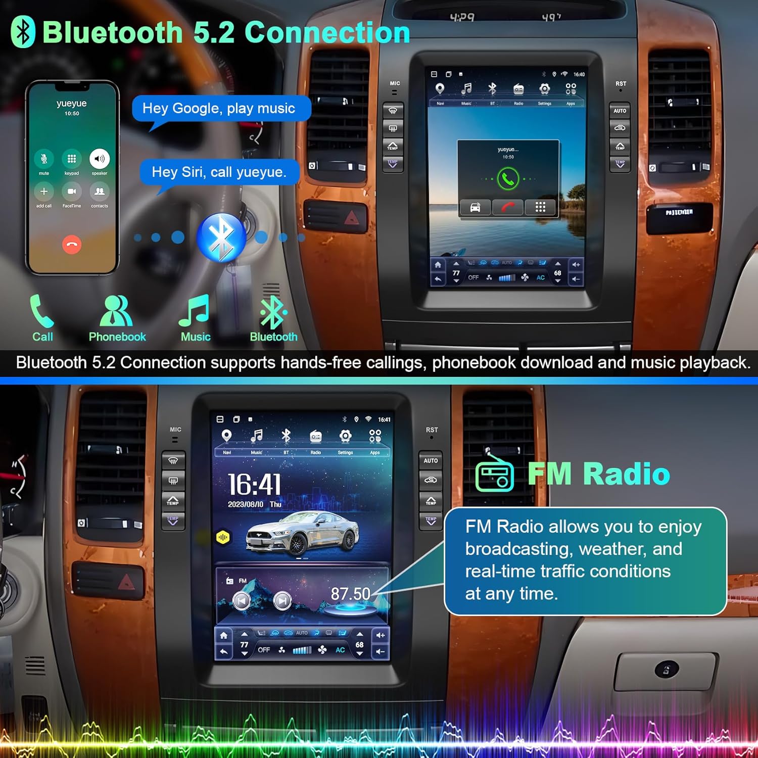 Car dashboard with multimedia system displaying Bluetooth and FM Radio features.
