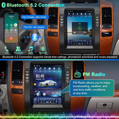 Car dashboard with multimedia system displaying Bluetooth and FM Radio features.