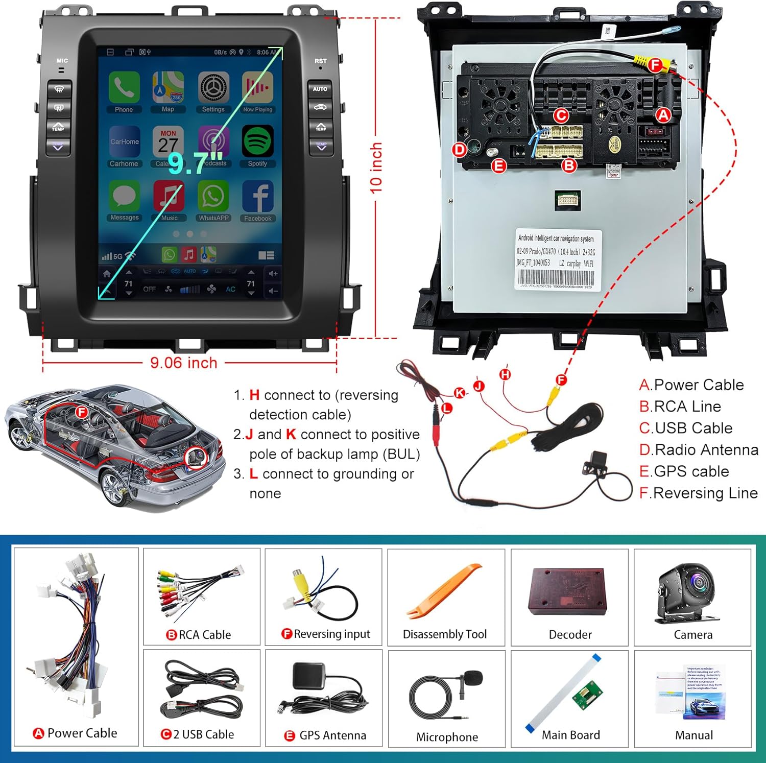 Car stereo system with wiring diagram and component list on a white background