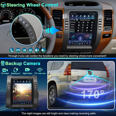 Car dashboard with steering wheel control and backup camera system.