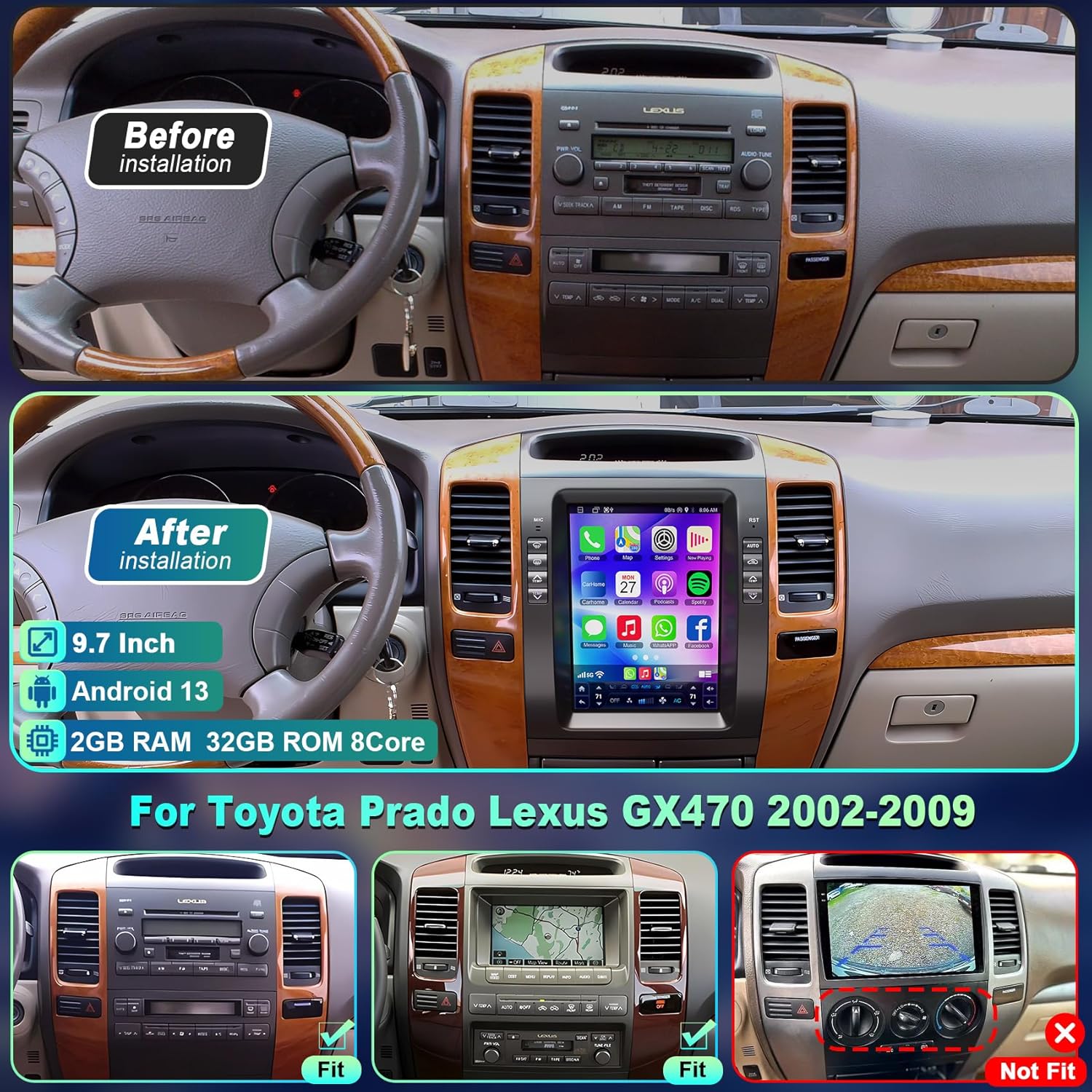 Before and after installation of a car multimedia system on a Toyota Prado and Lexus GX470 dashboard.