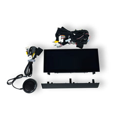 Car stereo components including a screen, speakers, and wiring on a white background