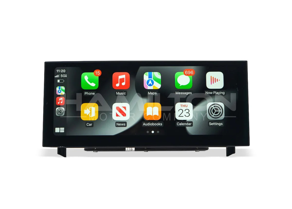 Car multimedia system display with app icons on a white background