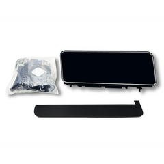 Car dashboard screen assembly with mounting bracket and screws on a white background