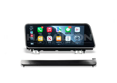Car dashboard monitor with smartphone app icons displayed on a white background
