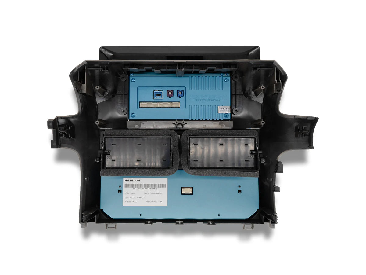 Car interior panel with blue and black color scheme on a white background