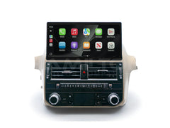 Car multimedia system with touchscreen display on a white background