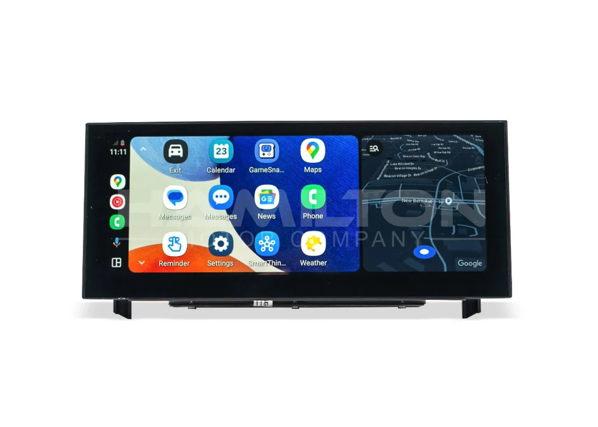Car multimedia display with app icons on a white background