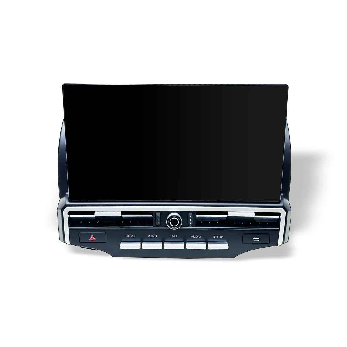 Car multimedia system with screen and control buttons on a white background