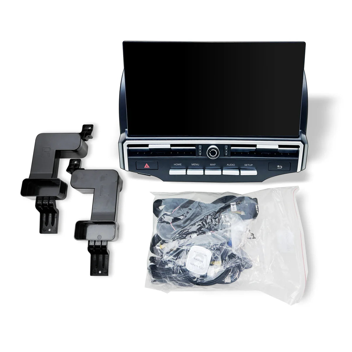 Car stereo system with installation parts on a white background