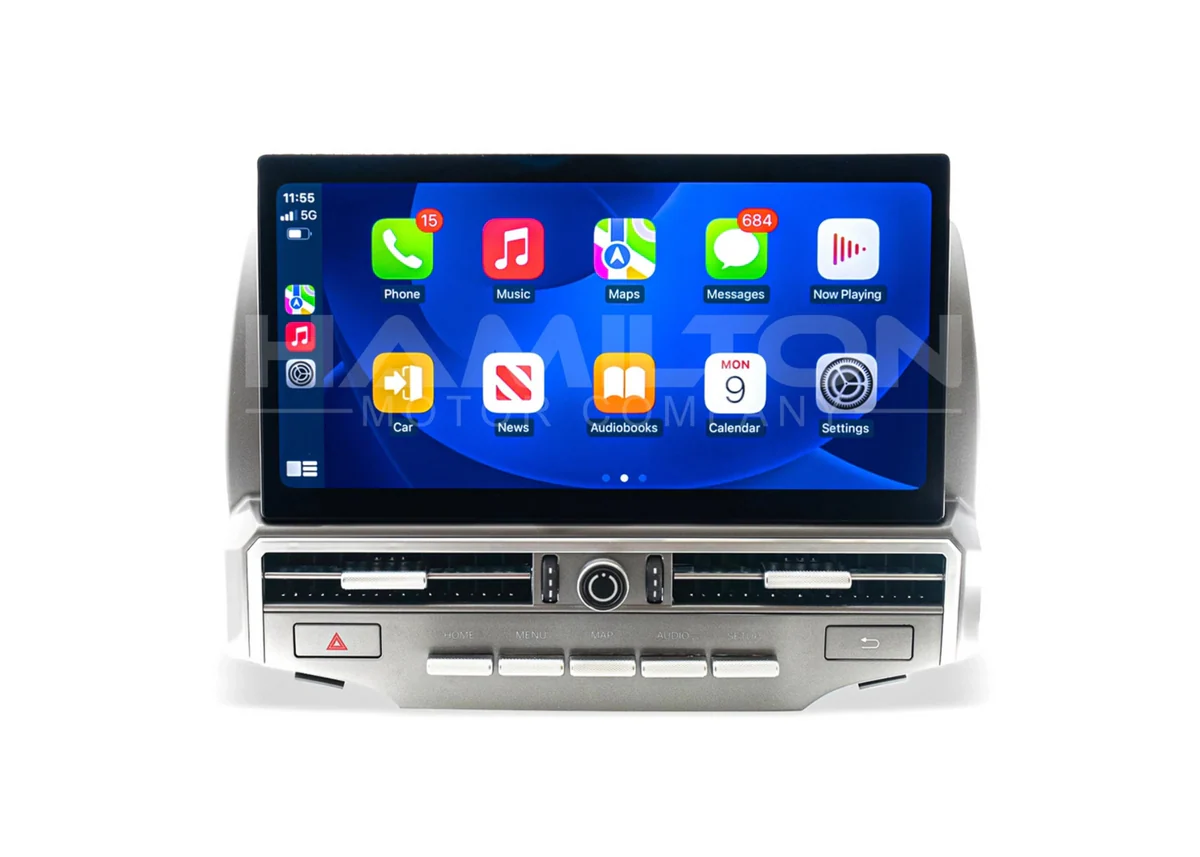 Car multimedia system with a touchscreen display on a white background
