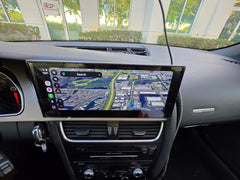 Car dashboard with a navigation screen displaying a map.