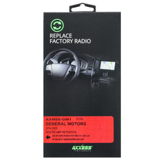 Packaging for a car radio replacement kit with steering wheel and dashboard image on a black background.