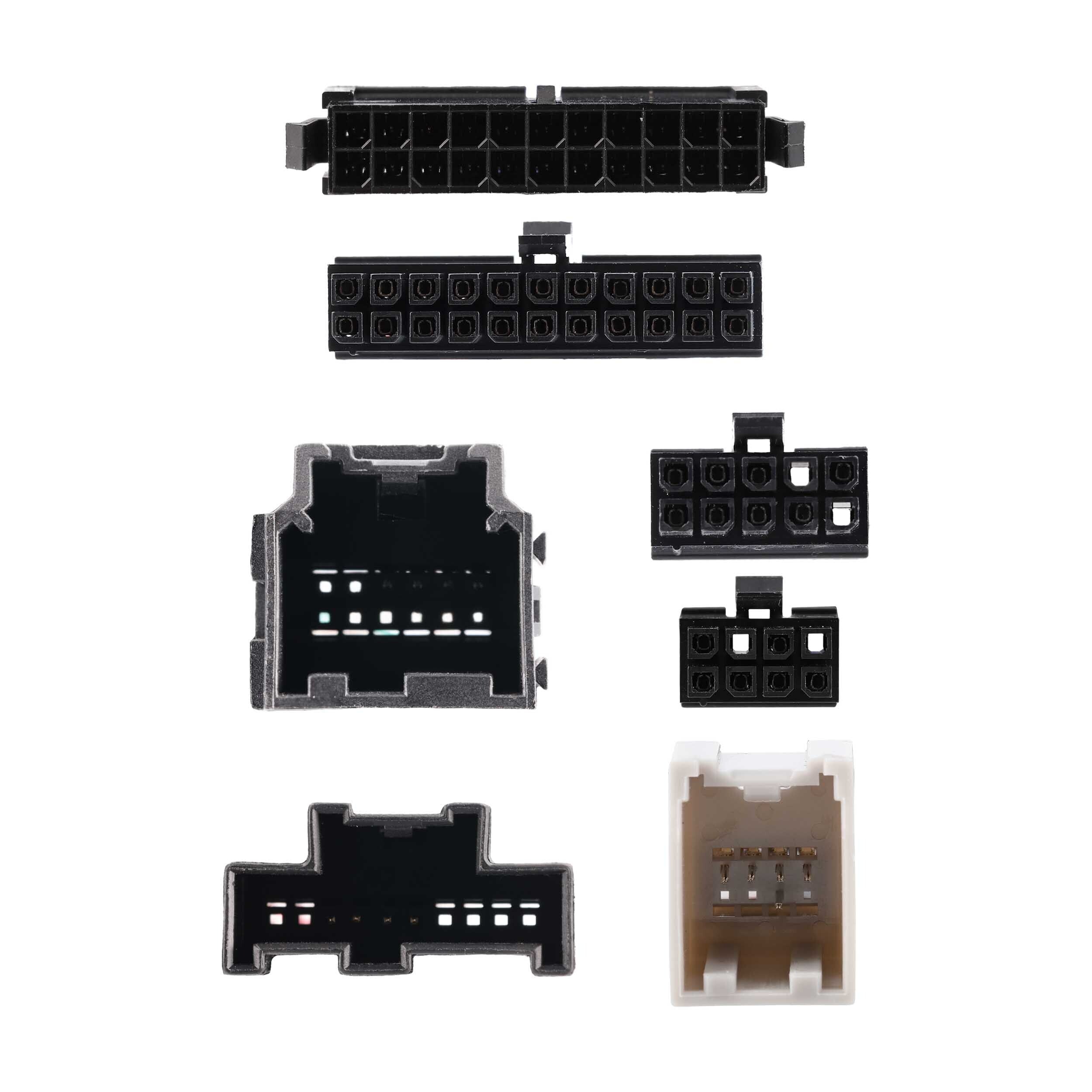 Set of various black electronic connectors on a white background