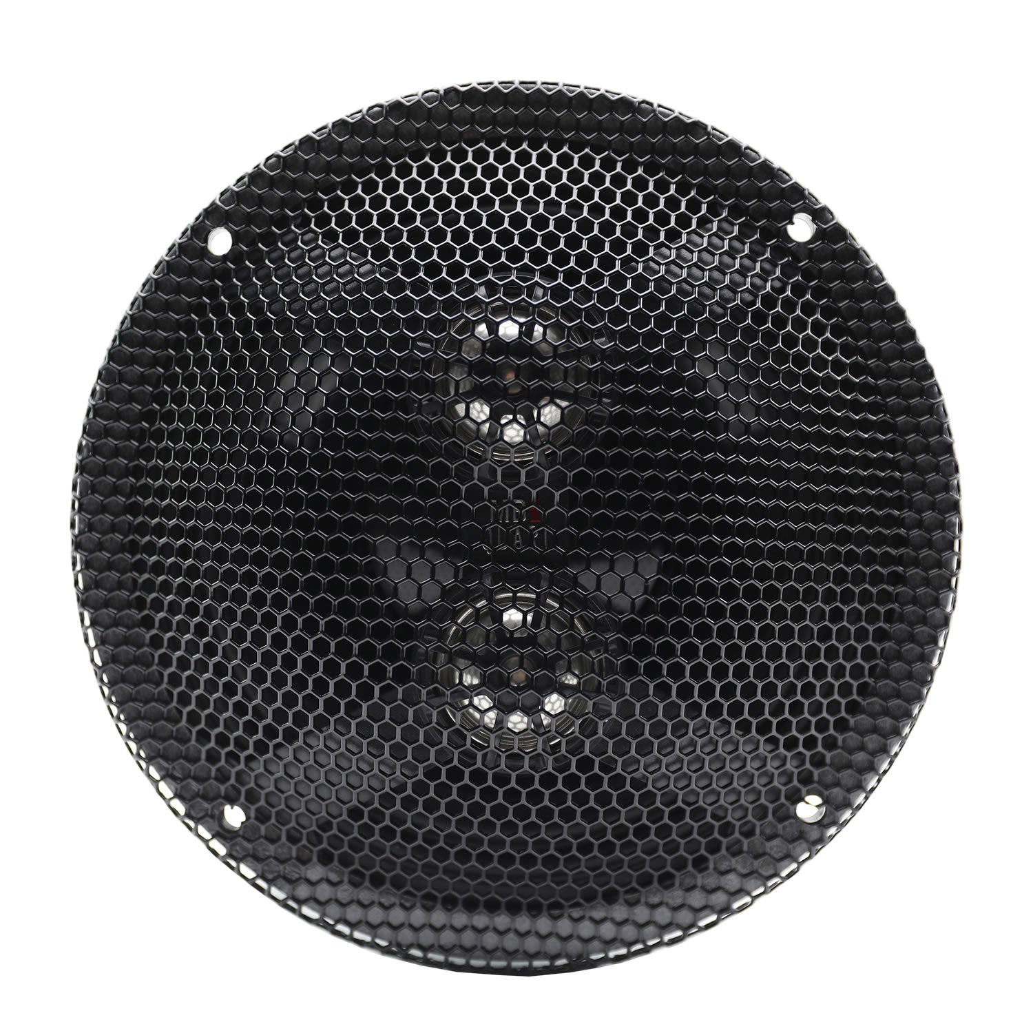 Black speaker grill with honeycomb pattern on a white background