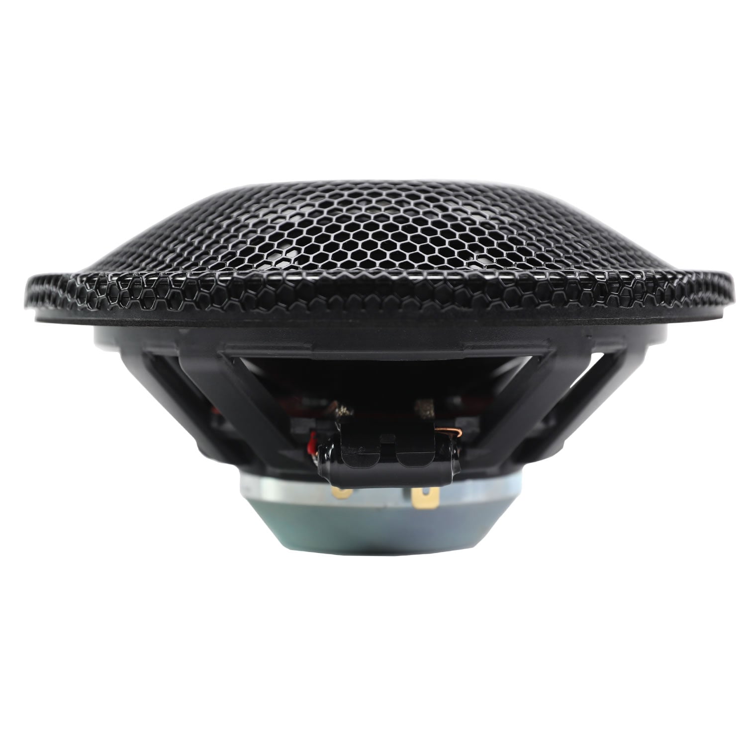 Marine audio speaker with black grille on a white background
