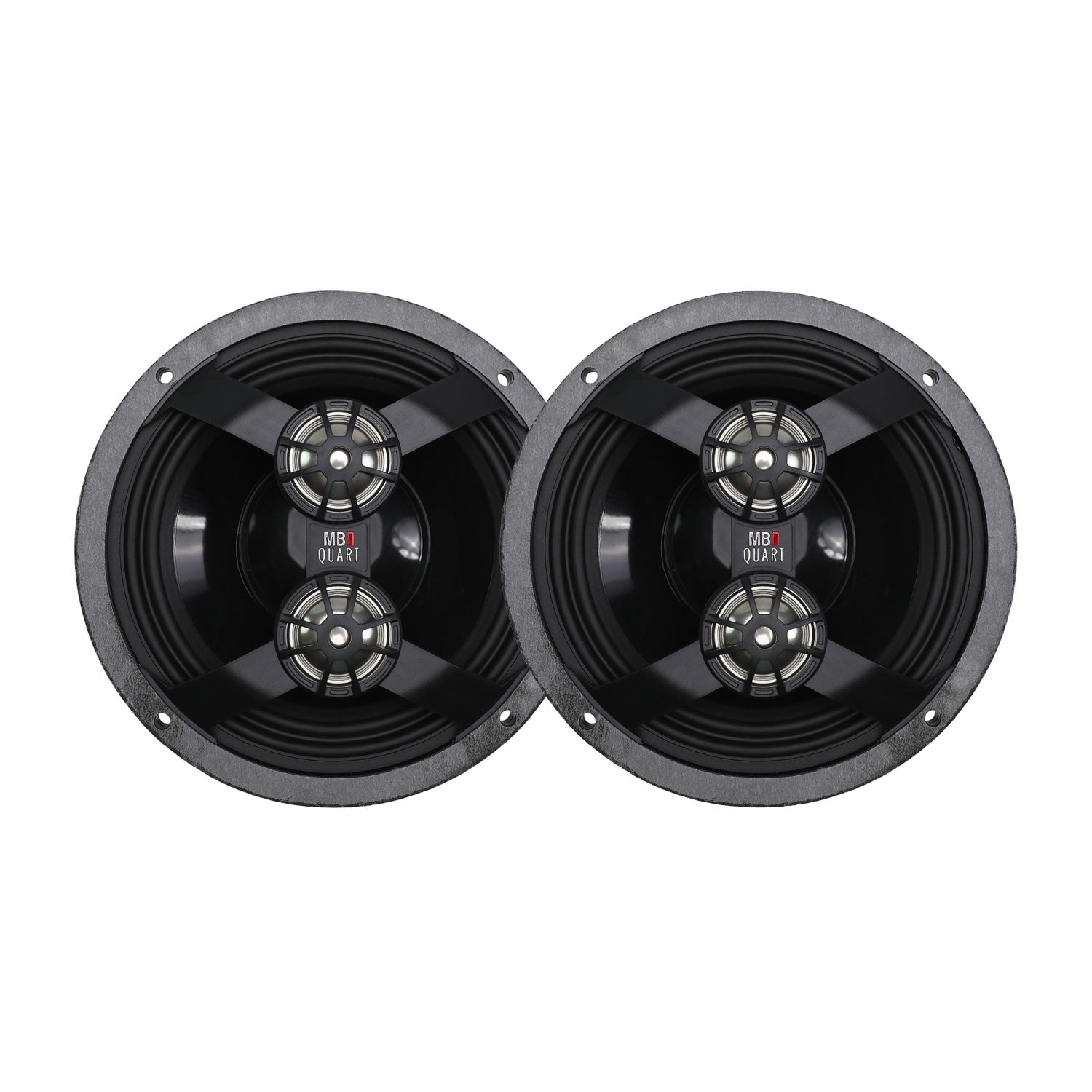 Two black speakers with visible branding on a white background
