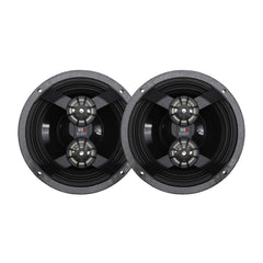 Two black speakers with visible branding on a white background