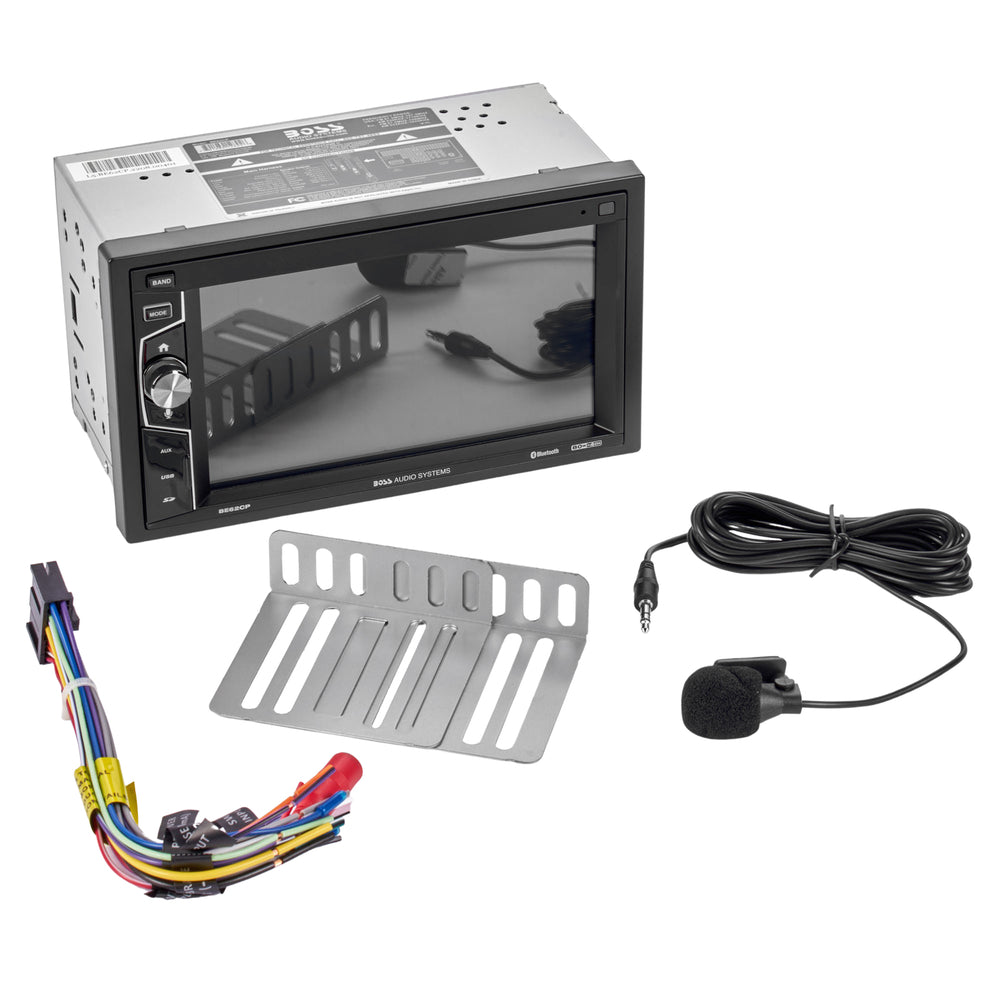 Car stereo system with wiring harness, faceplate, and microphone on a white background