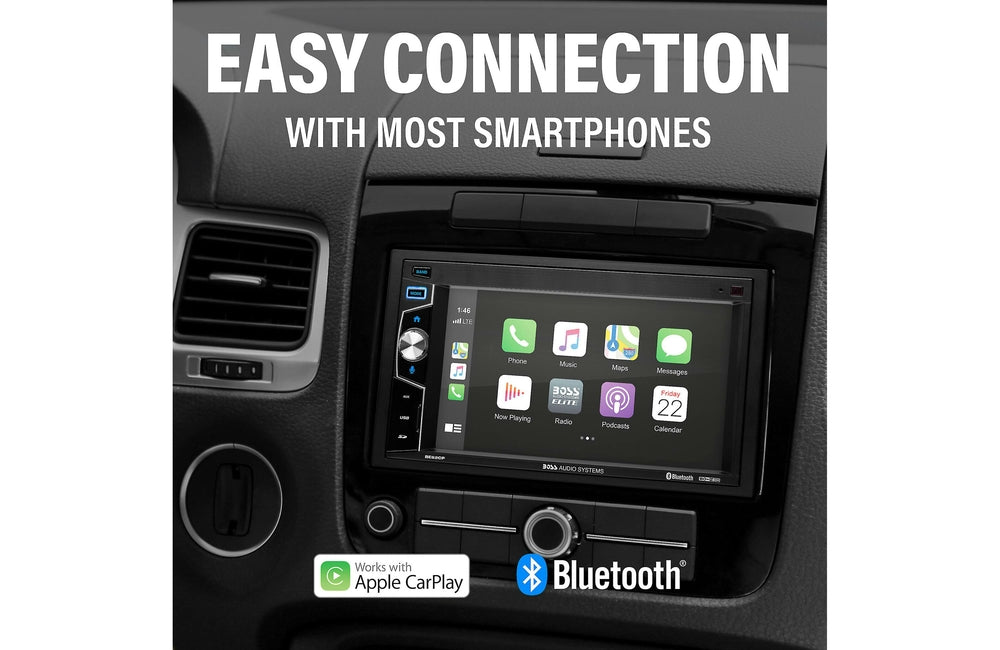 Car stereo system with smartphone integration display, Apple CarPlay, and Bluetooth logos.