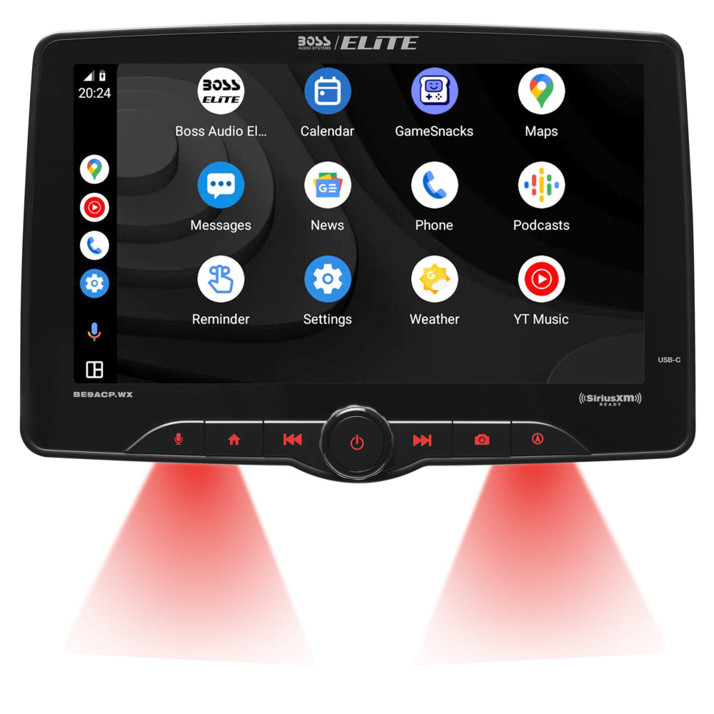 Car multimedia system with touchscreen display and control buttons on a white background