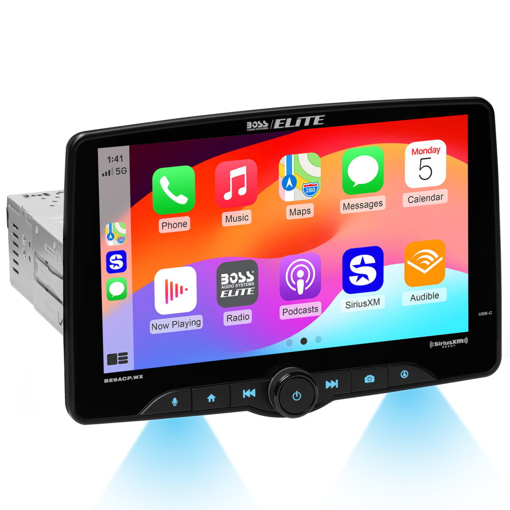 Car multimedia system with touchscreen display on a white background