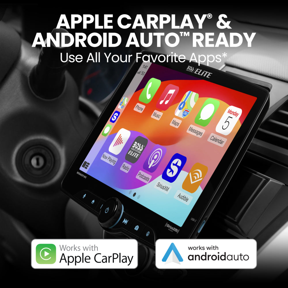 Car infotainment system with Apple CarPlay and Android Auto compatibility on a car dashboard.