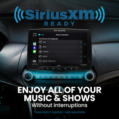 Car dashboard with SiriusXM radio display and branding text.