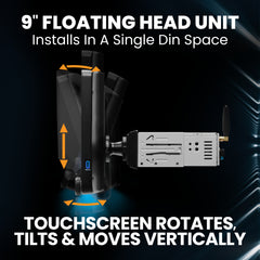9-inch floating head unit with touchscreen functionality on a dark background