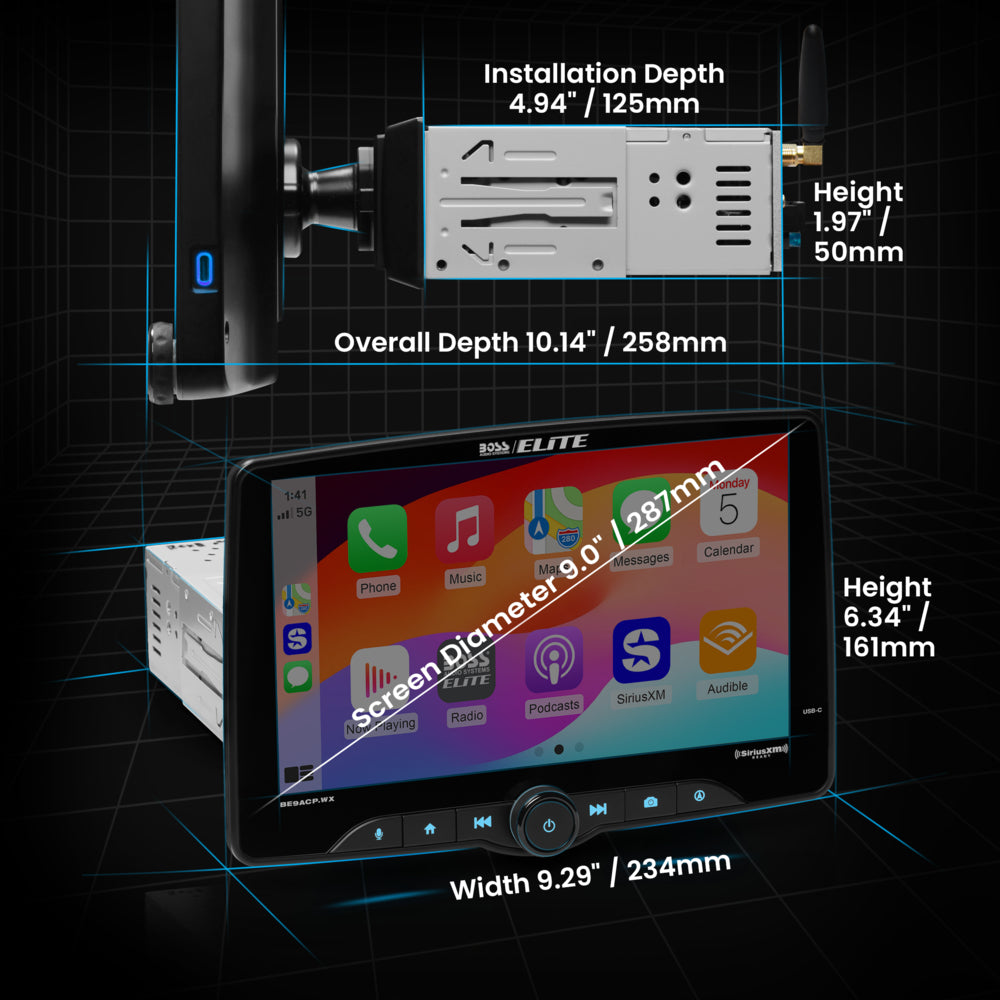 Car stereo system with dimensions displayed on a black background