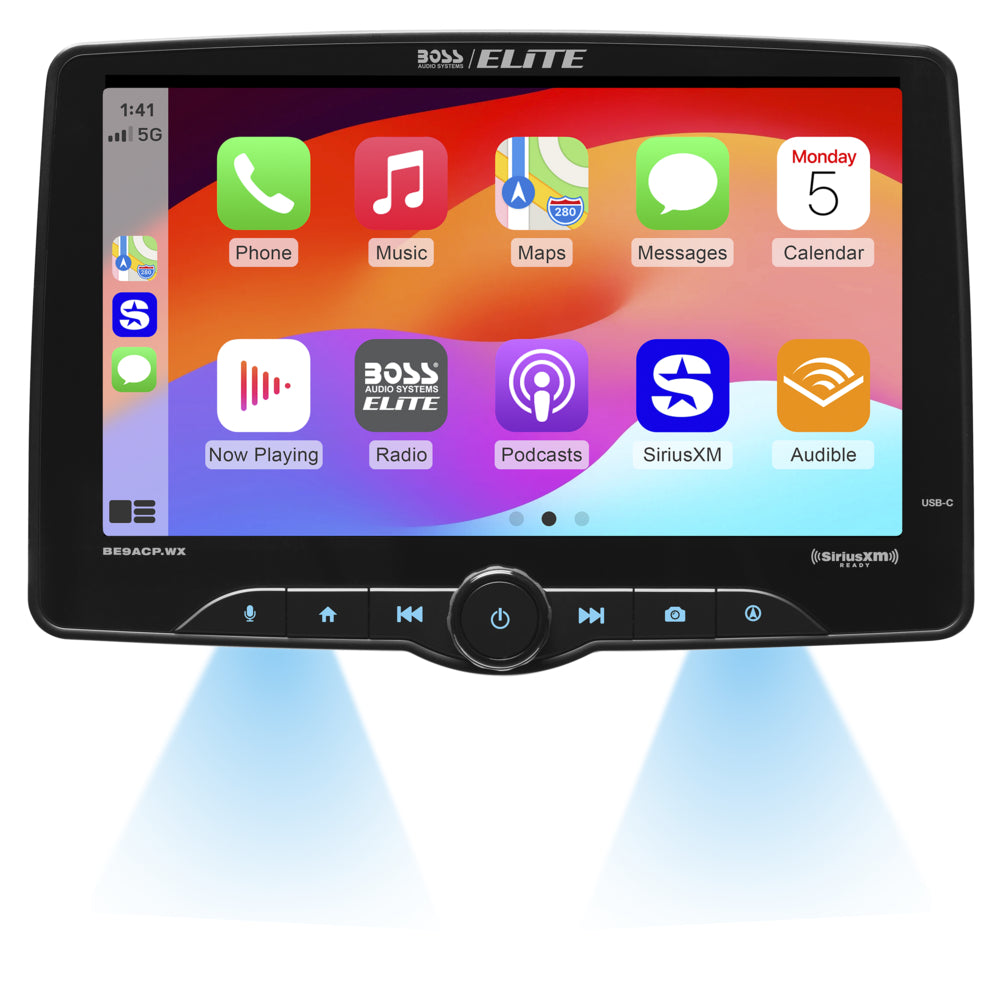 Car multimedia system with touchscreen display showing app icons on a white background