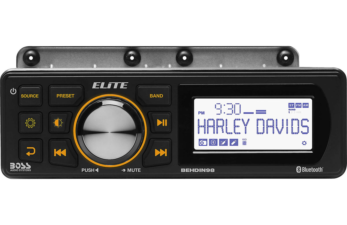 Motorcycle stereo system with digital display and control buttons on a white background