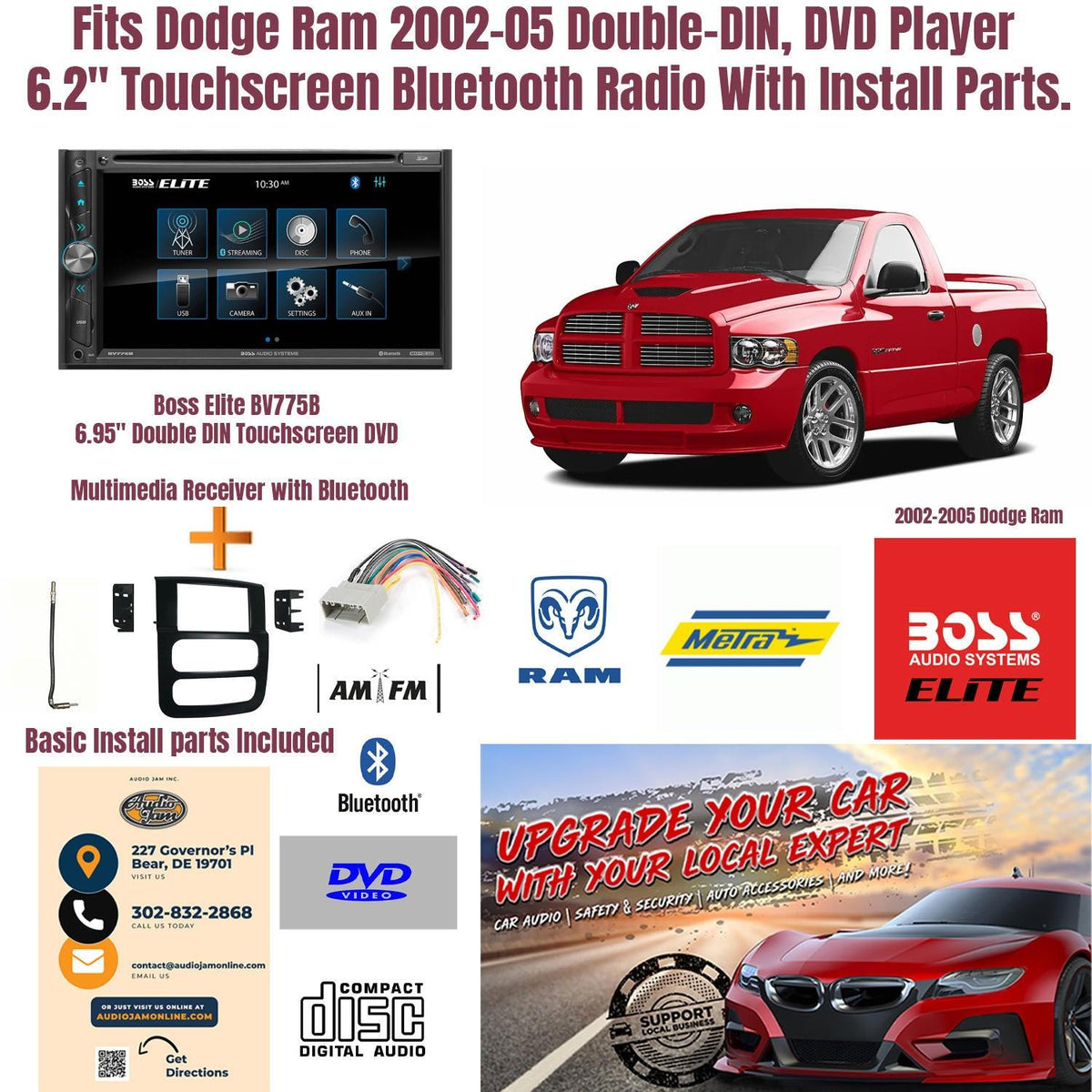 Fits Dodge Ram 2002-05 Double-DIN, DVD Player 6.2" Touchscreen Bluetooth Radio With Install Parts.