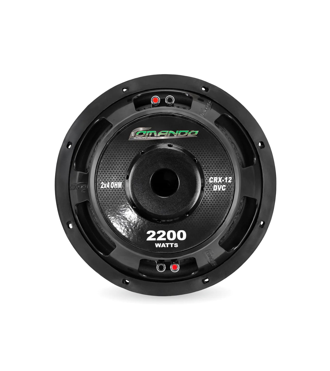Picture of back of 12 inch car subwoofer with a Comando logo.