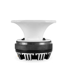 A white and black cylindrical object with a reflective surface on a white background