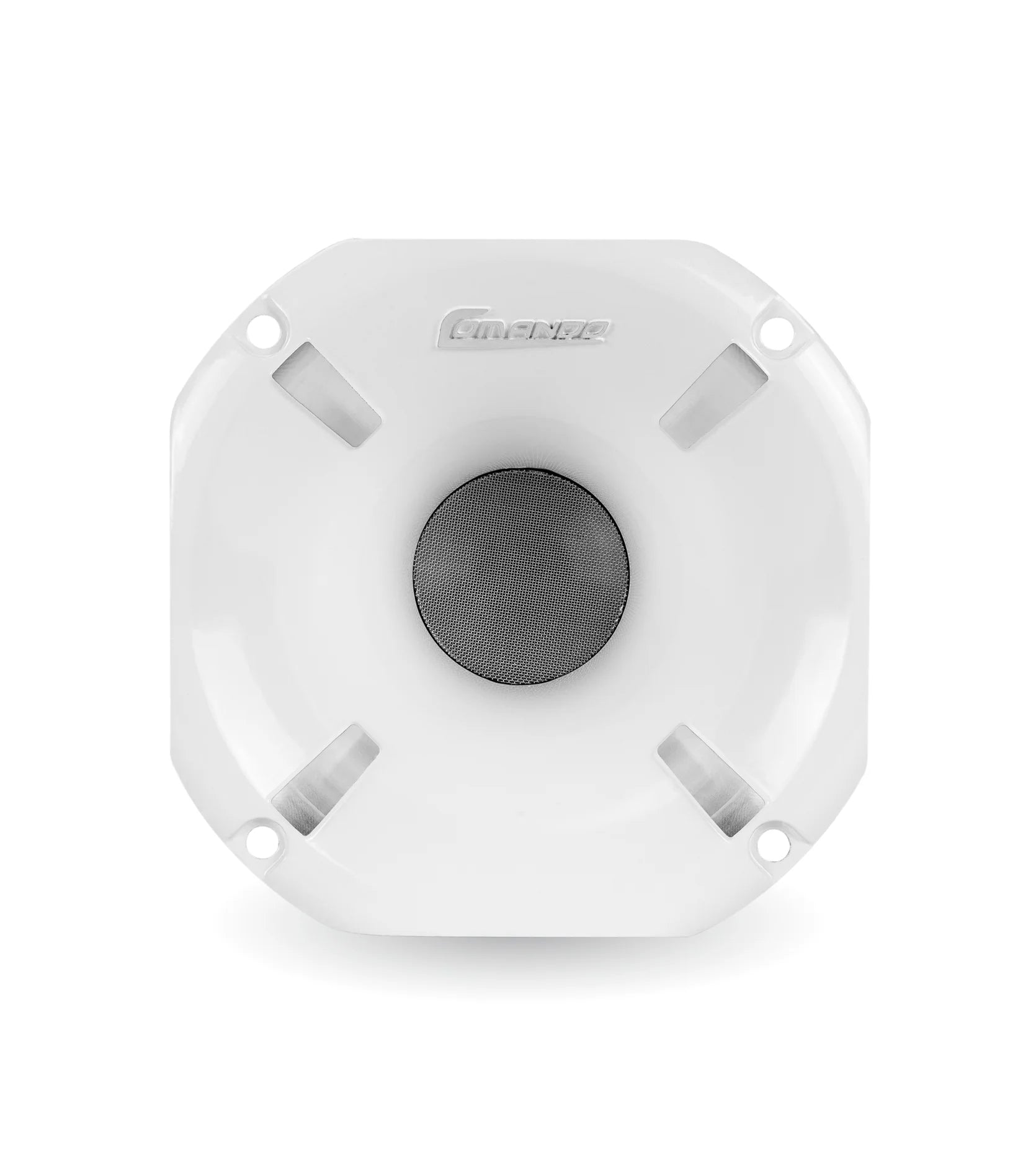White speaker grill with brand logo on a white background