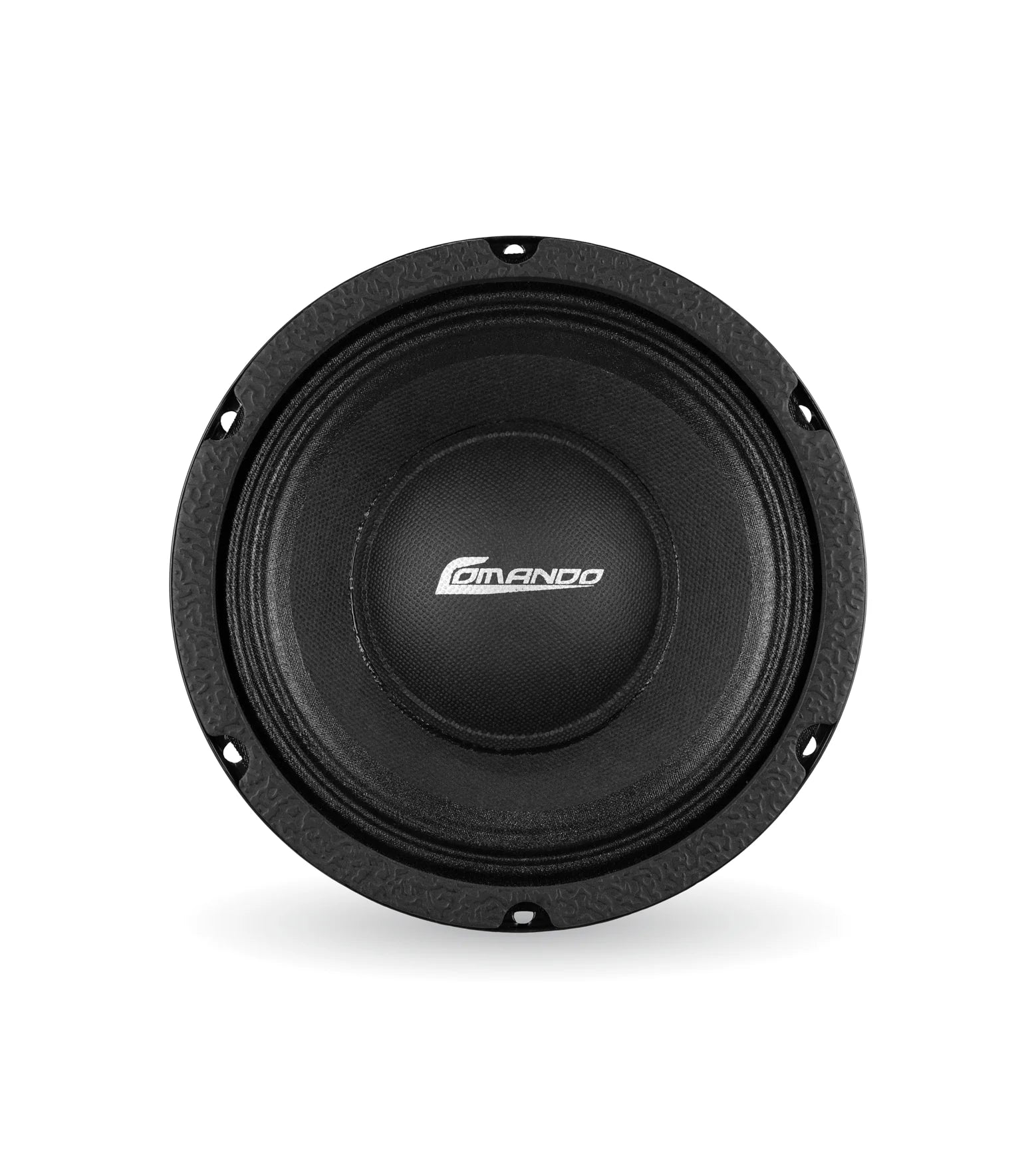Black car subwoofer with 'Comando' branding on a white background