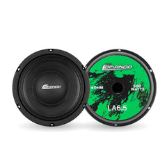 Two car speakers, one black and one green with branding and specifications, on a white background.
