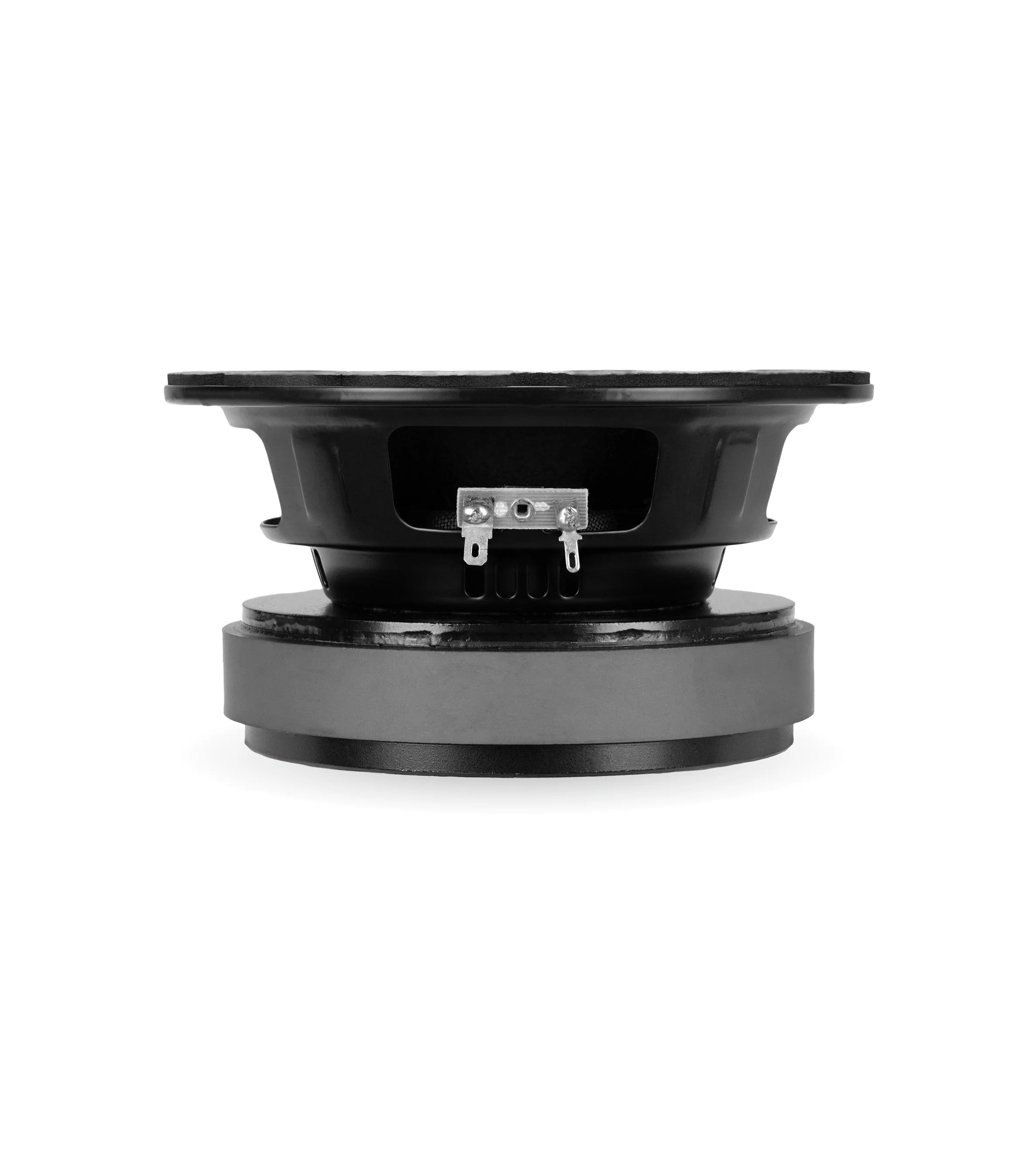 Black speaker driver on a white background