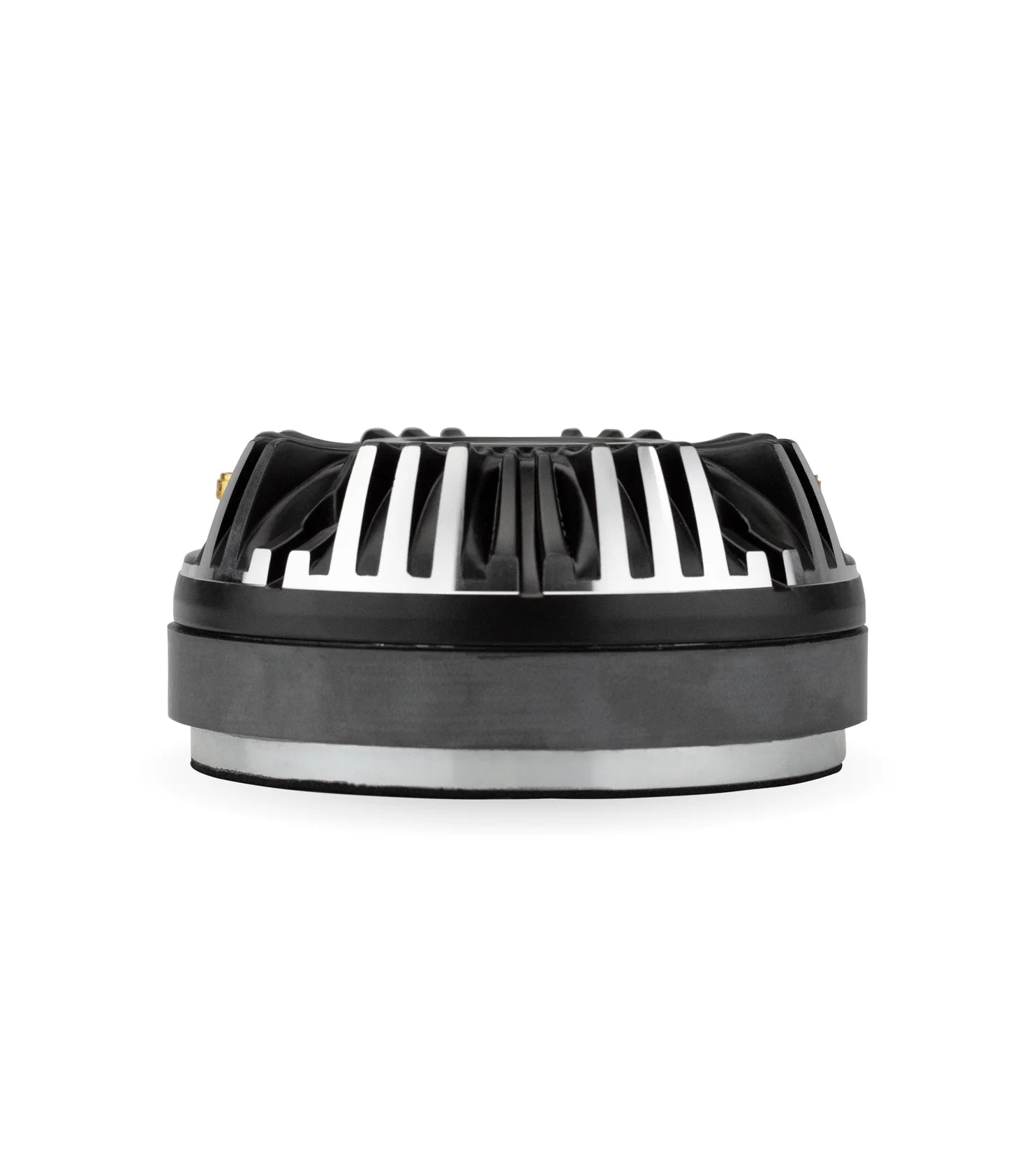 Black and silver cylindrical object on a white background