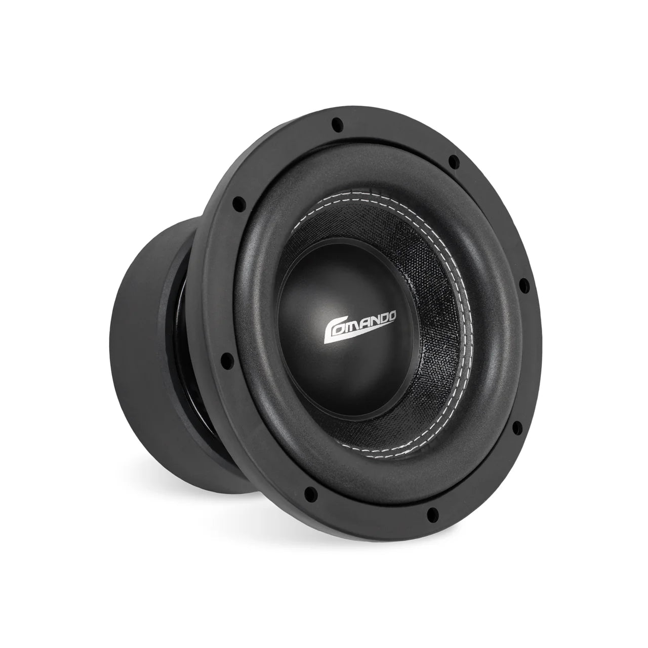 Car subwoofer with 'comando' branding on a white background
