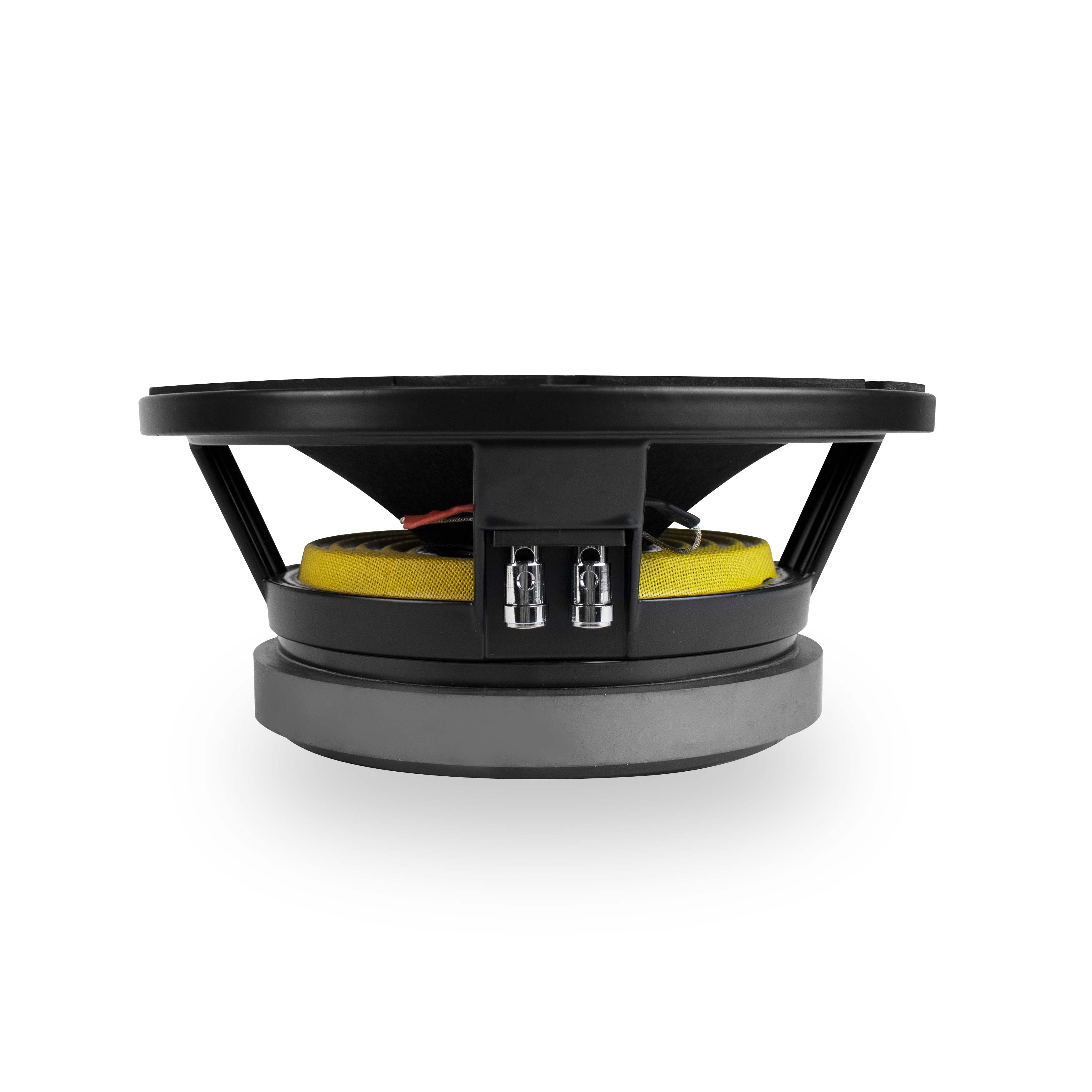 Car speaker with yellow surround on a white background